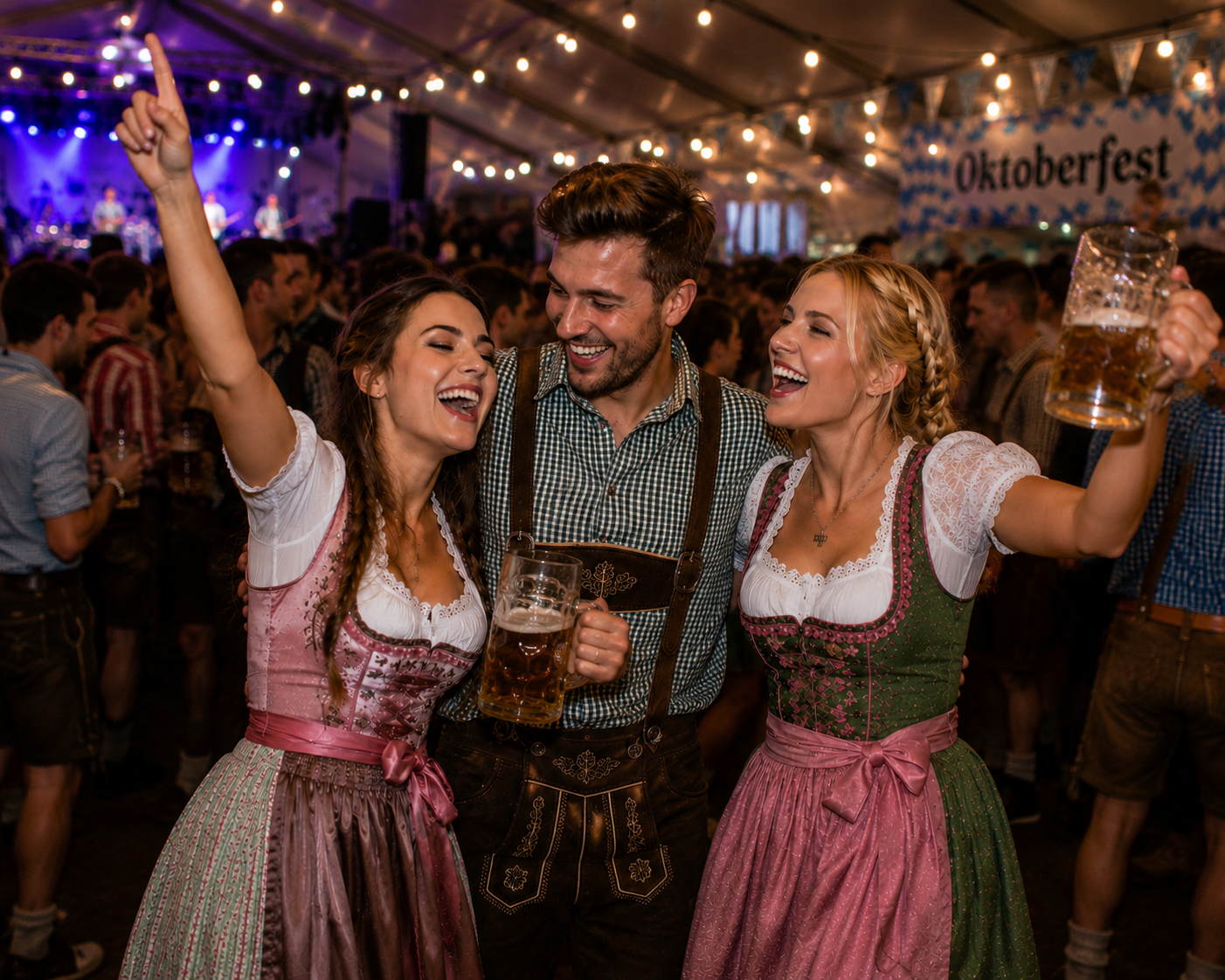 Guests wearing Lederhosen and Dirndl